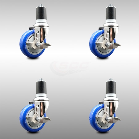 Service Caster 4 Inch 316SS Blue Poly Swivel 1-3/4 Inch Expanding Stem Caster Set Brake SCC SCC-SS316EX20S414-PPUBBLUE-TLB-134-4